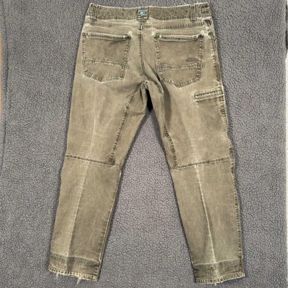 Kuhl Rydr Pants 34x30 Reinforced Ankle Vintage Patina Dye Olive Green Flat Front